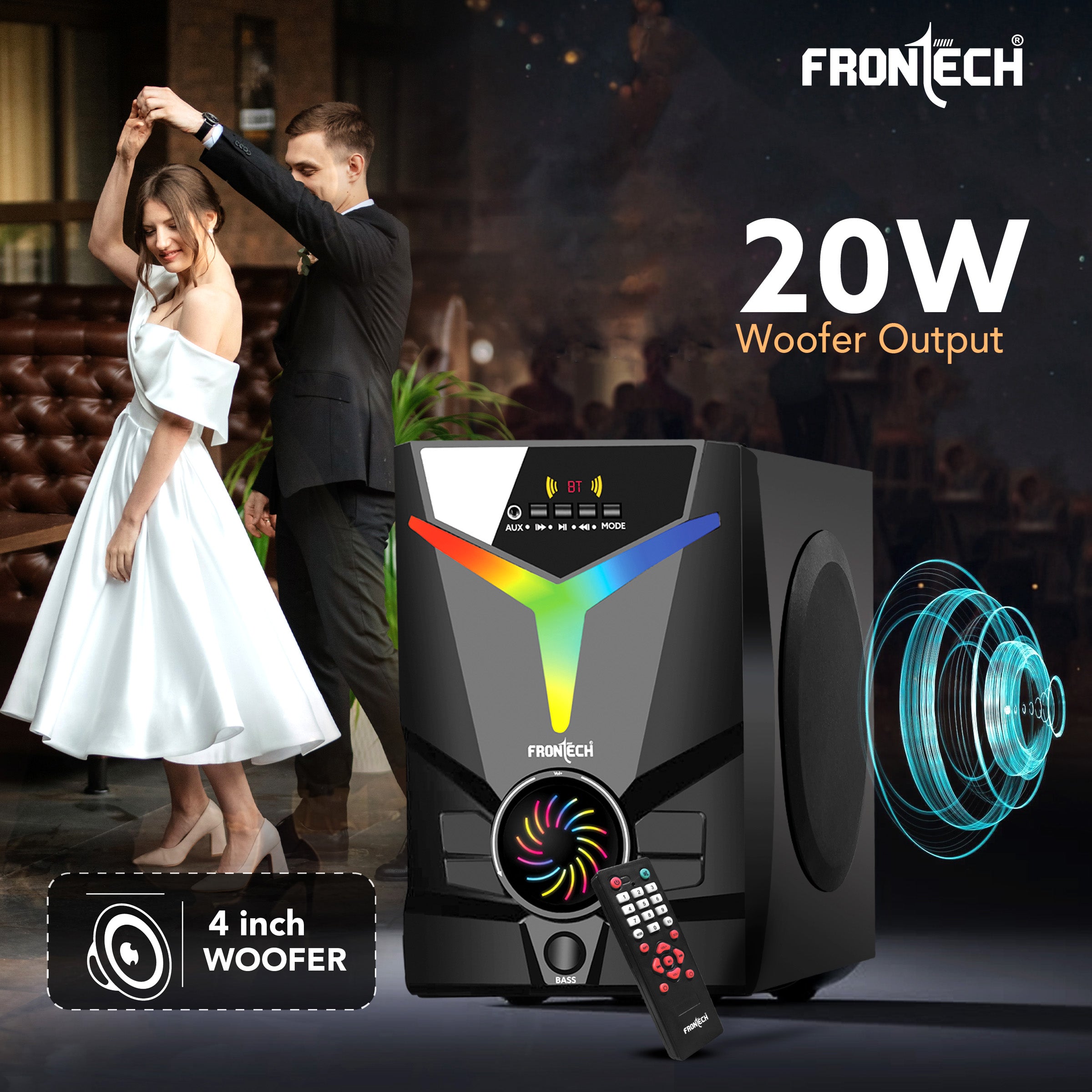 FRONTECH 60W Bluetooth 5.0 Multimedia Speaker| Powerful Bass | 4.1 Channel |Surround Sound System | USB | AUX | FM Radio | Wireless Remote Control for Home & Office (SW-0155) FRONTECH 60W Bluetooth 5.0 Multimedia Speaker| Powerful Bass | 4.1 Channel |Surround Sound System | USB | AUX | FM Radio | Wireless Remote Control for Home & Office (SW-0155)